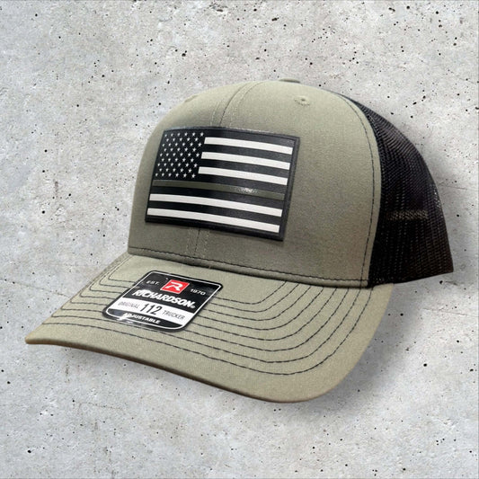OD Green Thin Line Hat with American flag UV-printed patch, featuring durable mesh back, ideal for military and first responders.