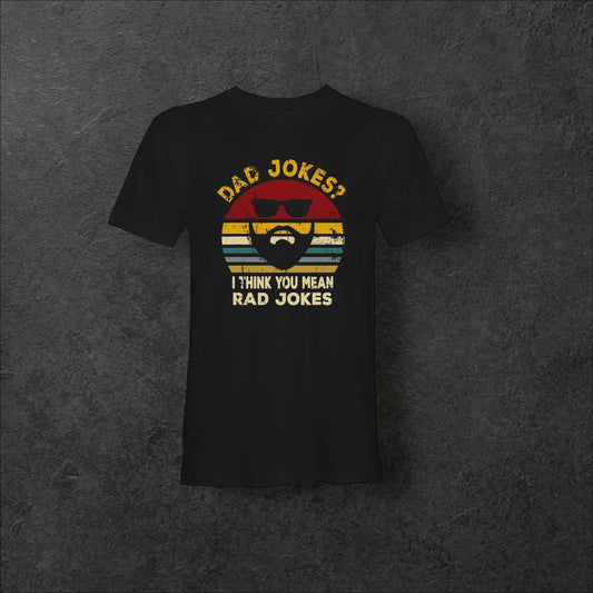 Black Rad Jokes Tee featuring retro graphic with sunglasses and sunset stripes, perfect for cool dads with style.