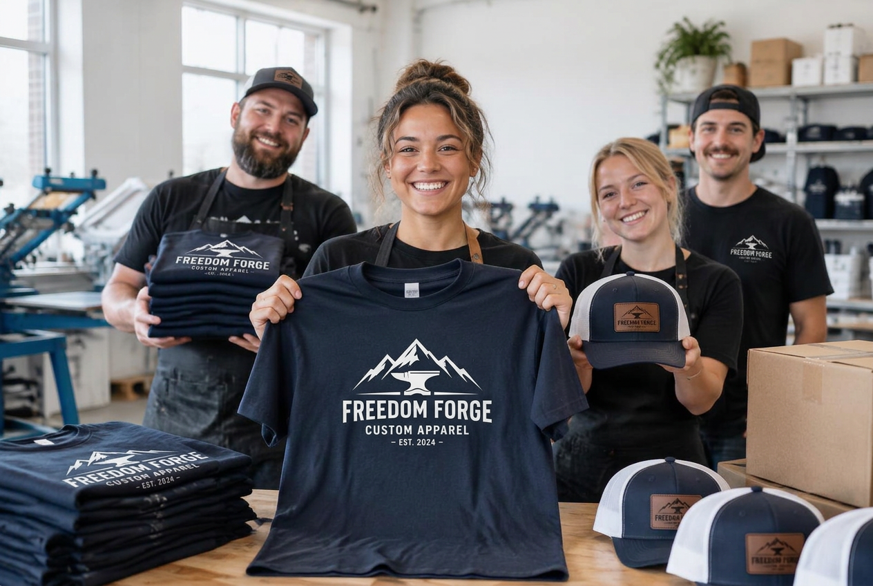 Freedom Forge team holding freshly printed shirts and hats